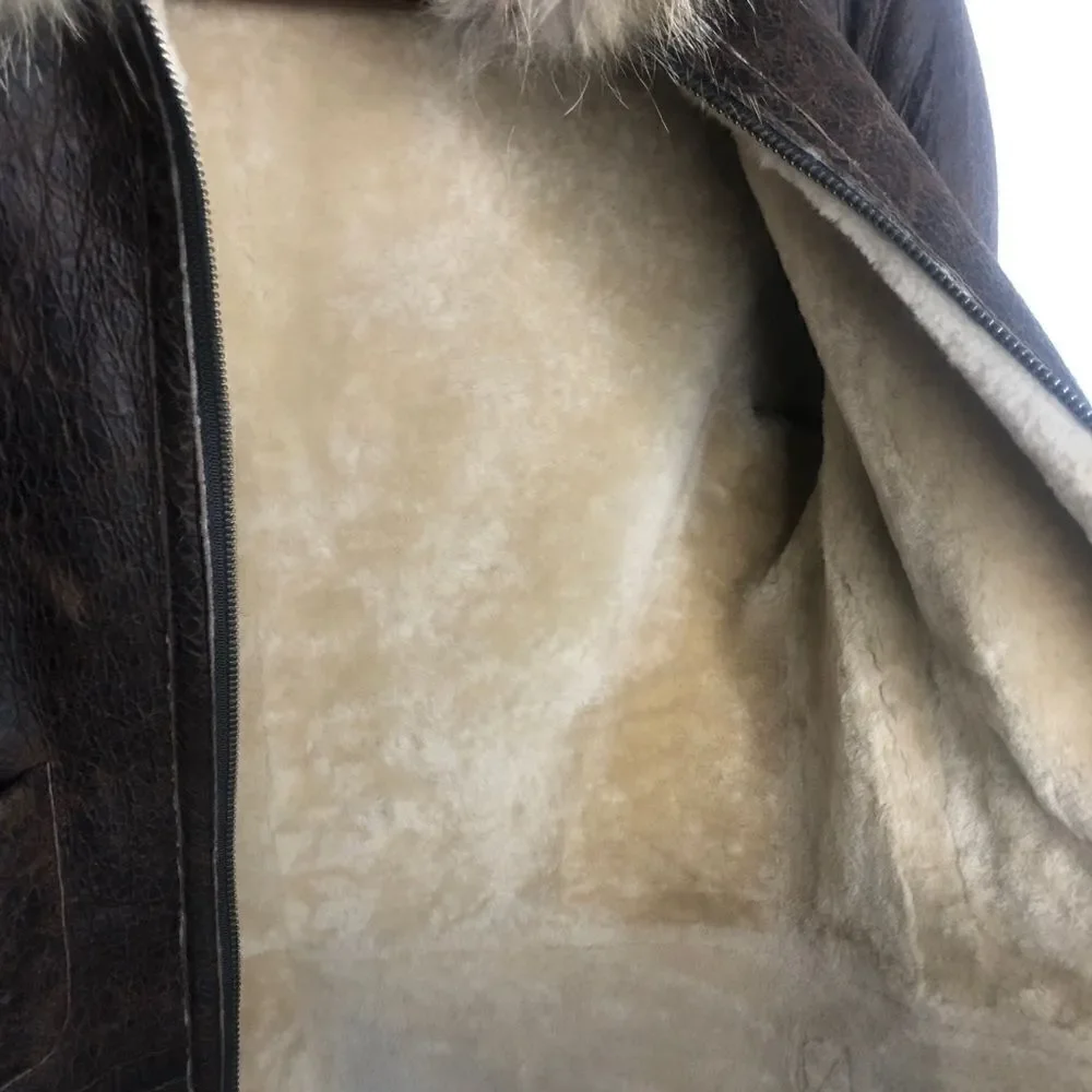 Blue Duck Leather Real Fur Bomber Coat Jacket M Brown Trim Medium - Picture 5 of 10